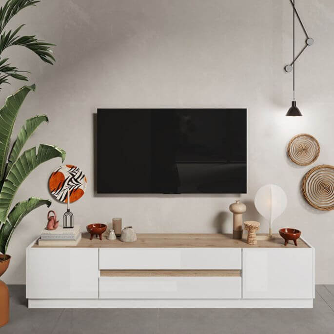 Meuble TV 205 cm blanc laqué/chêne cadiz Fantastic